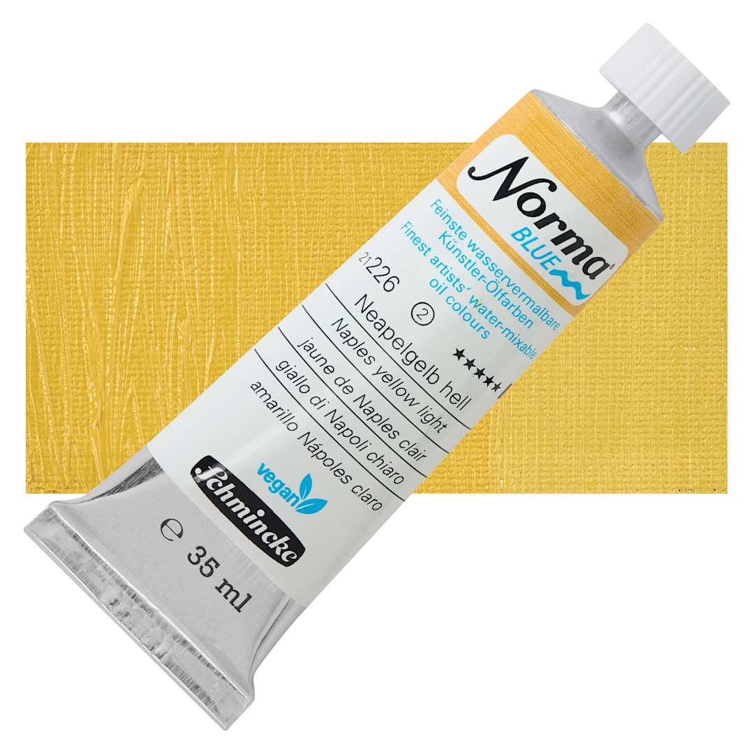 Open in modal - Schmincke Norma Blue Water-Mixable Oil Paint - Naples Yellow Light, 35 ml tube and swatch