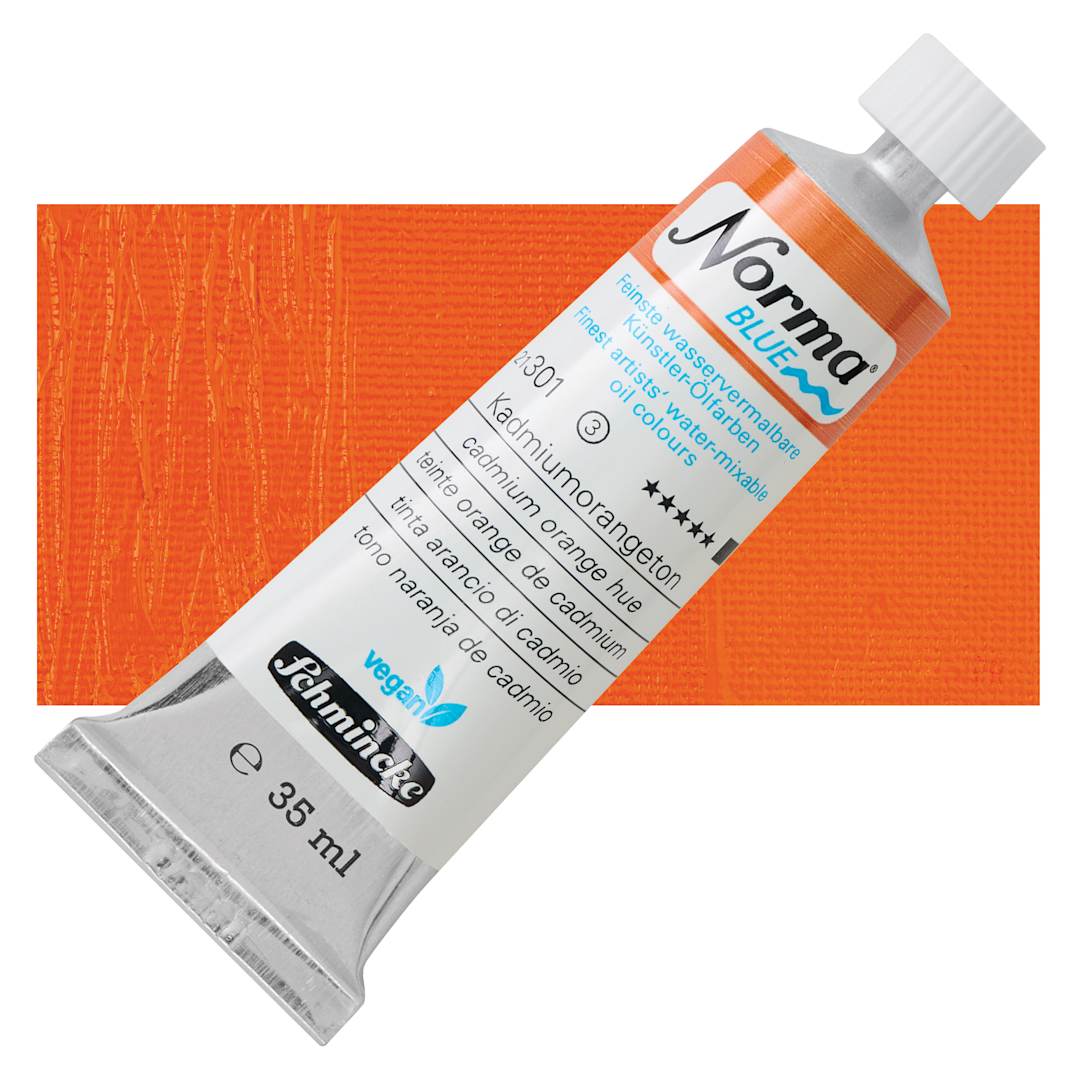 Open in modal - Schmincke Norma Blue Water-Mixable Oil Paint - Cadmium Orange Hue, 35 ml tube and swatch