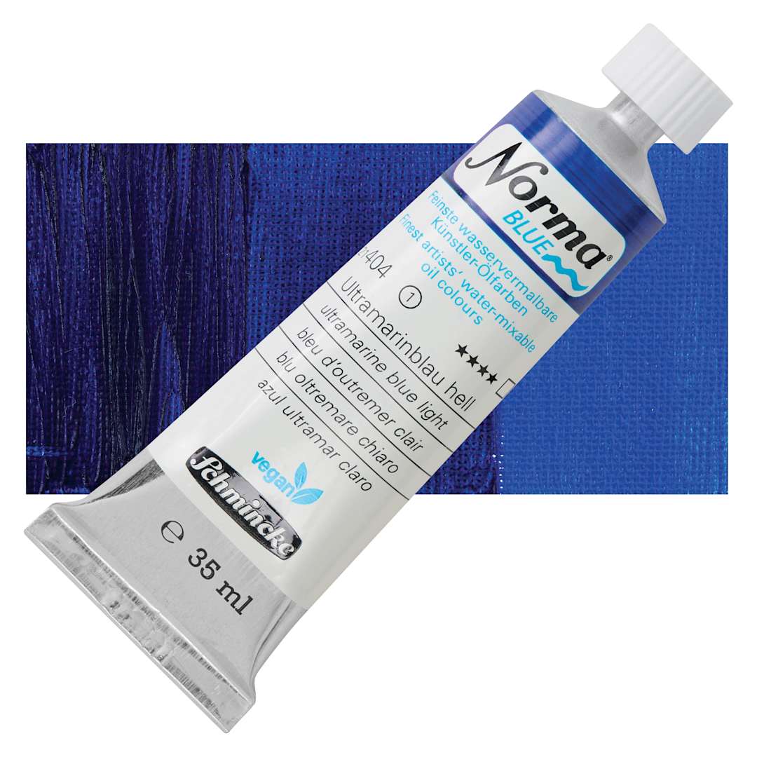 Open in modal - Schmincke Norma Blue Water-Mixable Oil Paint - Ultramarine Blue Light, 35 ml tube and swatch
