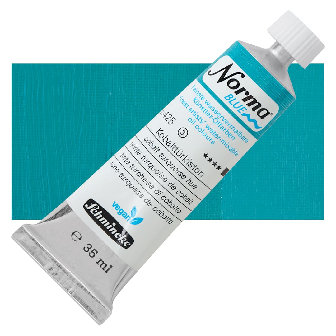 Open in modal - Schmincke Norma Blue Water-Mixable Oil Paint - Cobalt Turquoise Hue, 35 ml tube and swatch