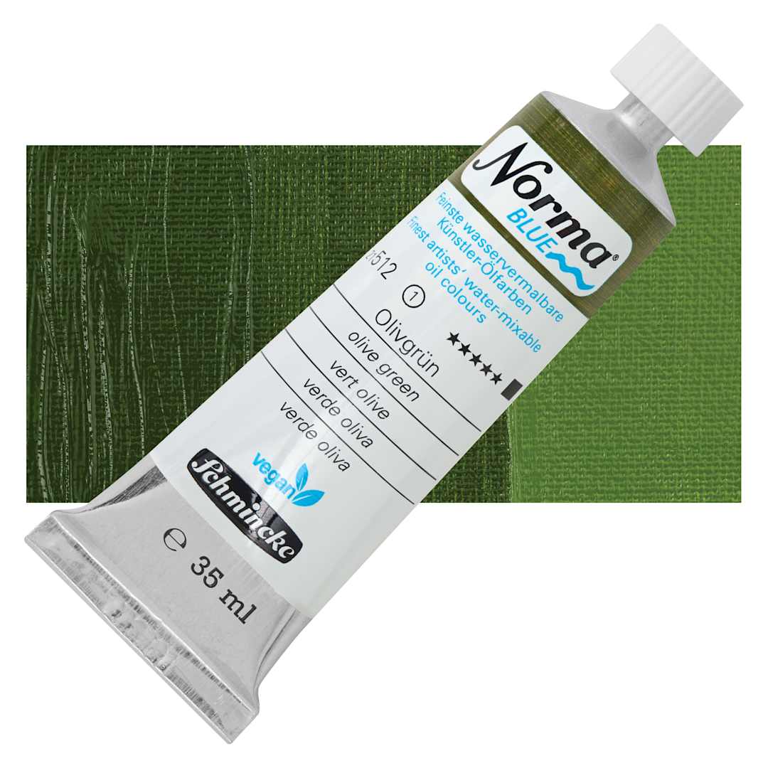 Open in modal - Schmincke Norma Blue Water-Mixable Oil Paint - Olive Green, 35 ml tube and swatch