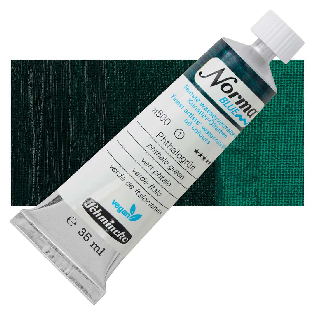 Open in modal - Schmincke Norma Blue Water-Mixable Oil Paint - Phthalo Green, 35 ml tube and swatch
