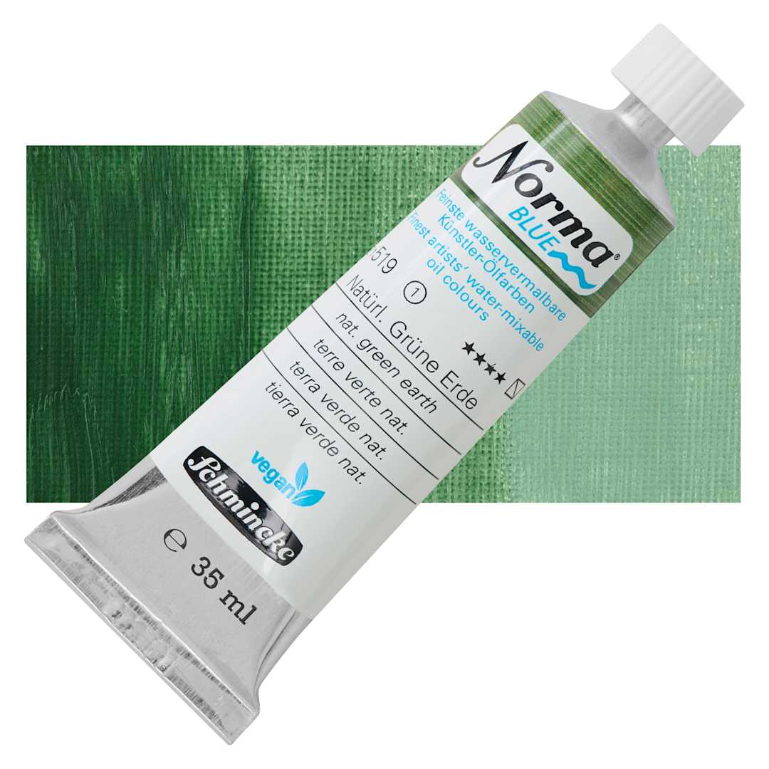 Open in modal - Schmincke Norma Blue Water-Mixable Oil Paint - Natural Green Earth, 35 ml, tube and swatch