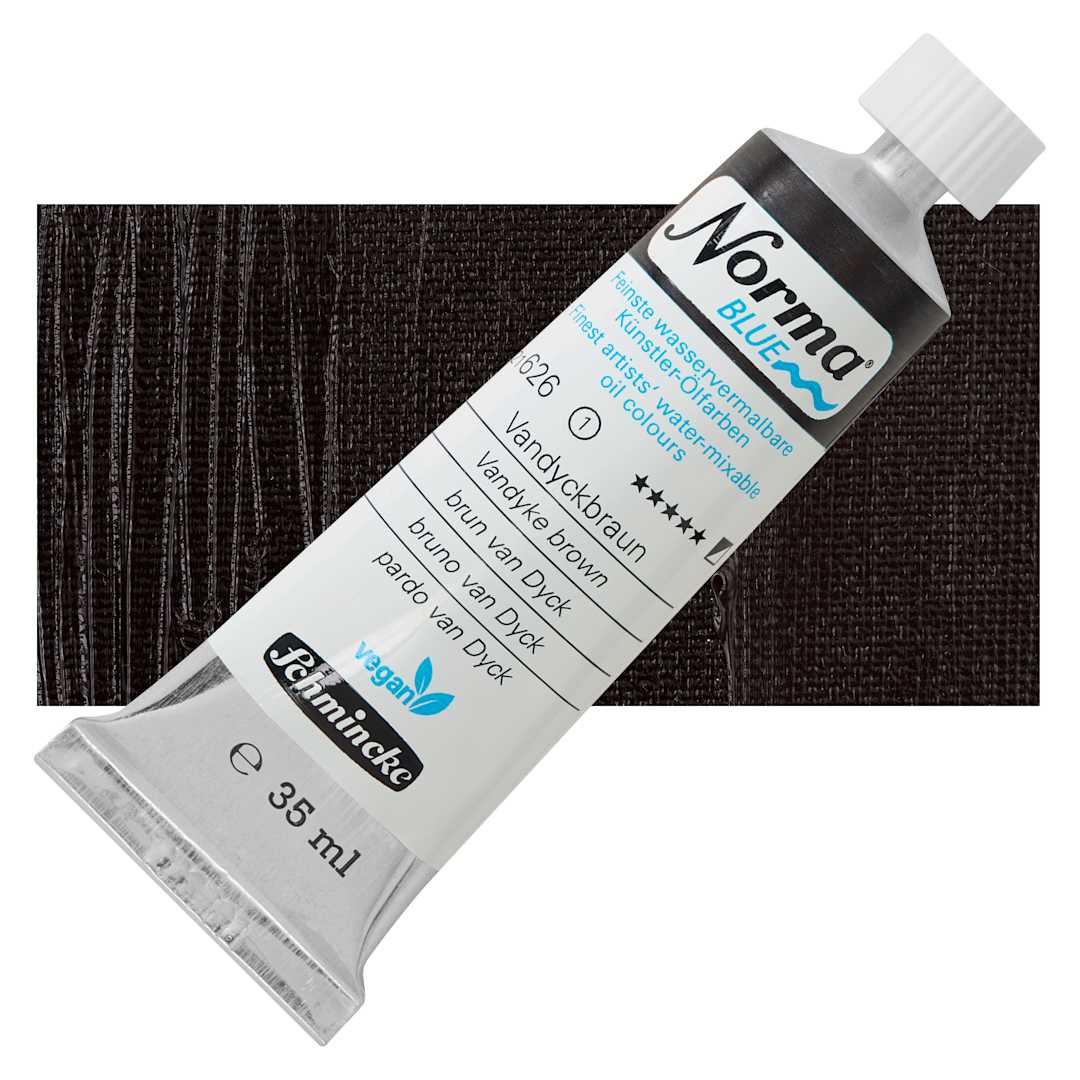 Open in modal - Schmincke Norma Blue Water-Mixable Oil Paint - Vandyke Brown, 35 ml tube and swatch
