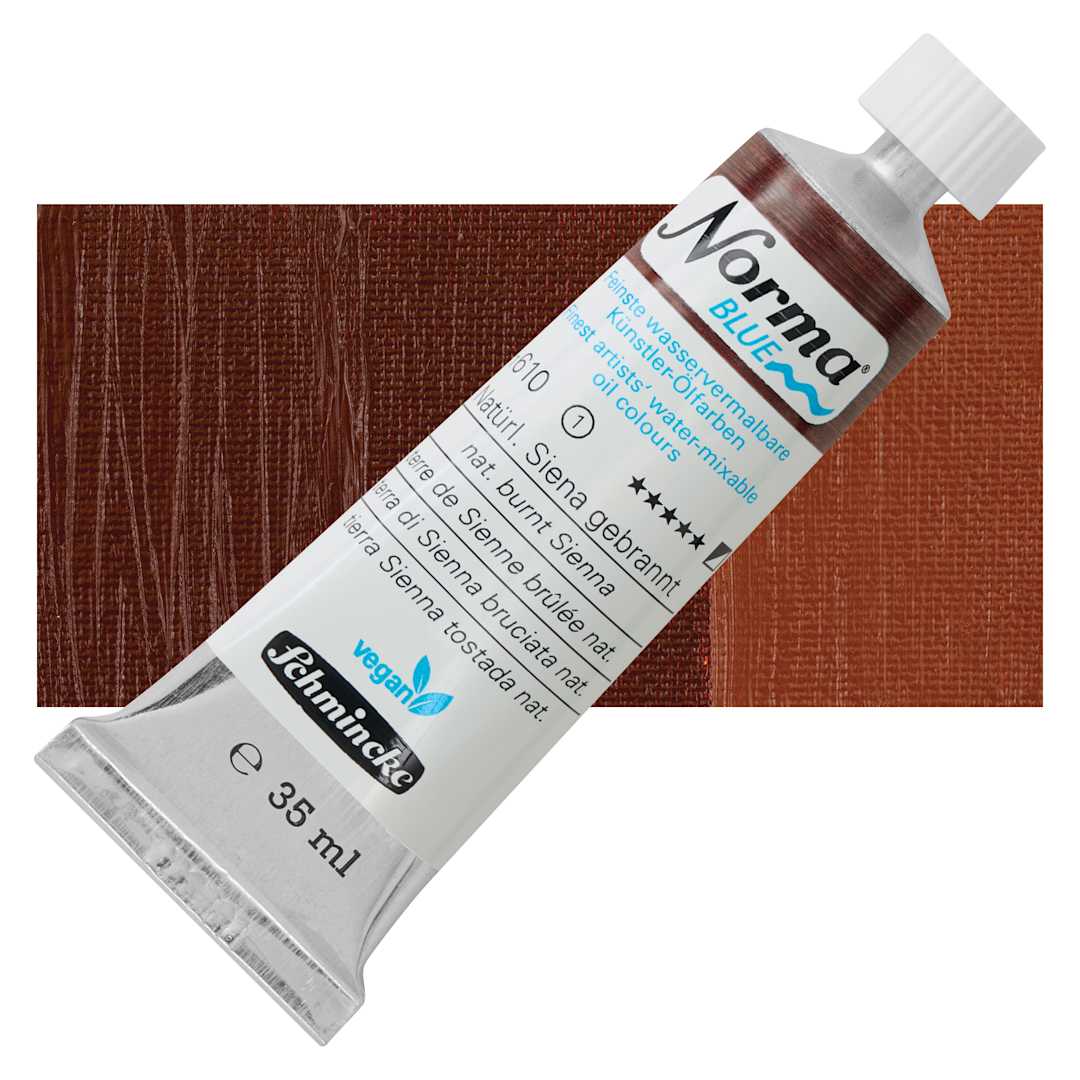 Open in modal - Schmincke Norma Blue Water-Mixable Oil Paint - Natural Burnt Sienna, 35 ml tube and swatch