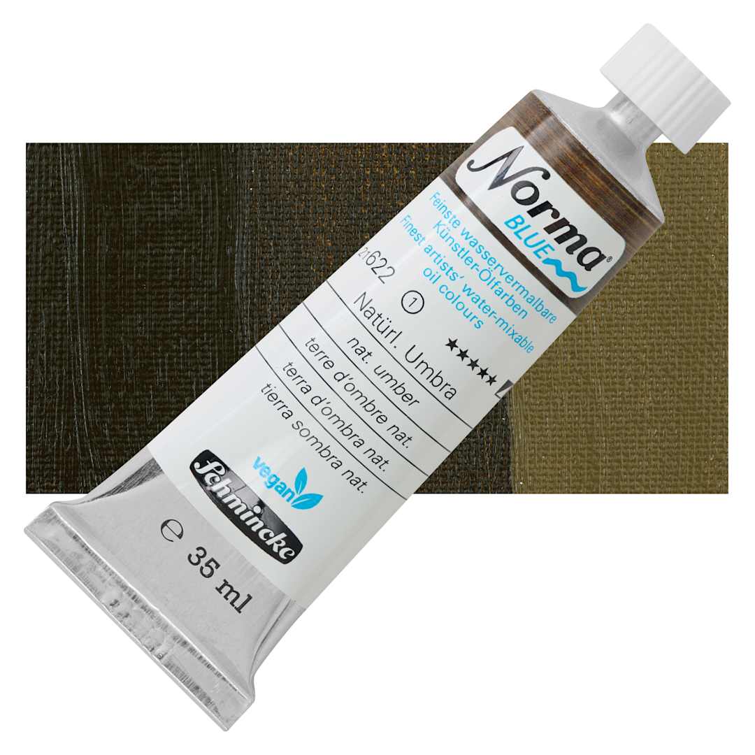 Open in modal - Schmincke Norma Blue Water-Mixable Oil Paint - Natural Umber, 35 ml, tube and swatch