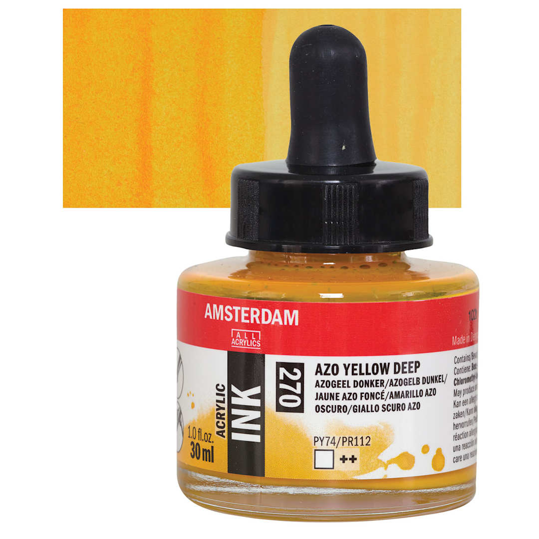 Open in modal - Amsterdam Acrylic Ink - Azo Yellow Deep, 30 ml bottle and swatch