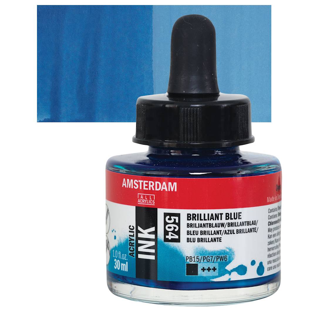 Open in modal - Amsterdam Acrylic Ink - Brilliant Blue, 30 ml bottle and swatch