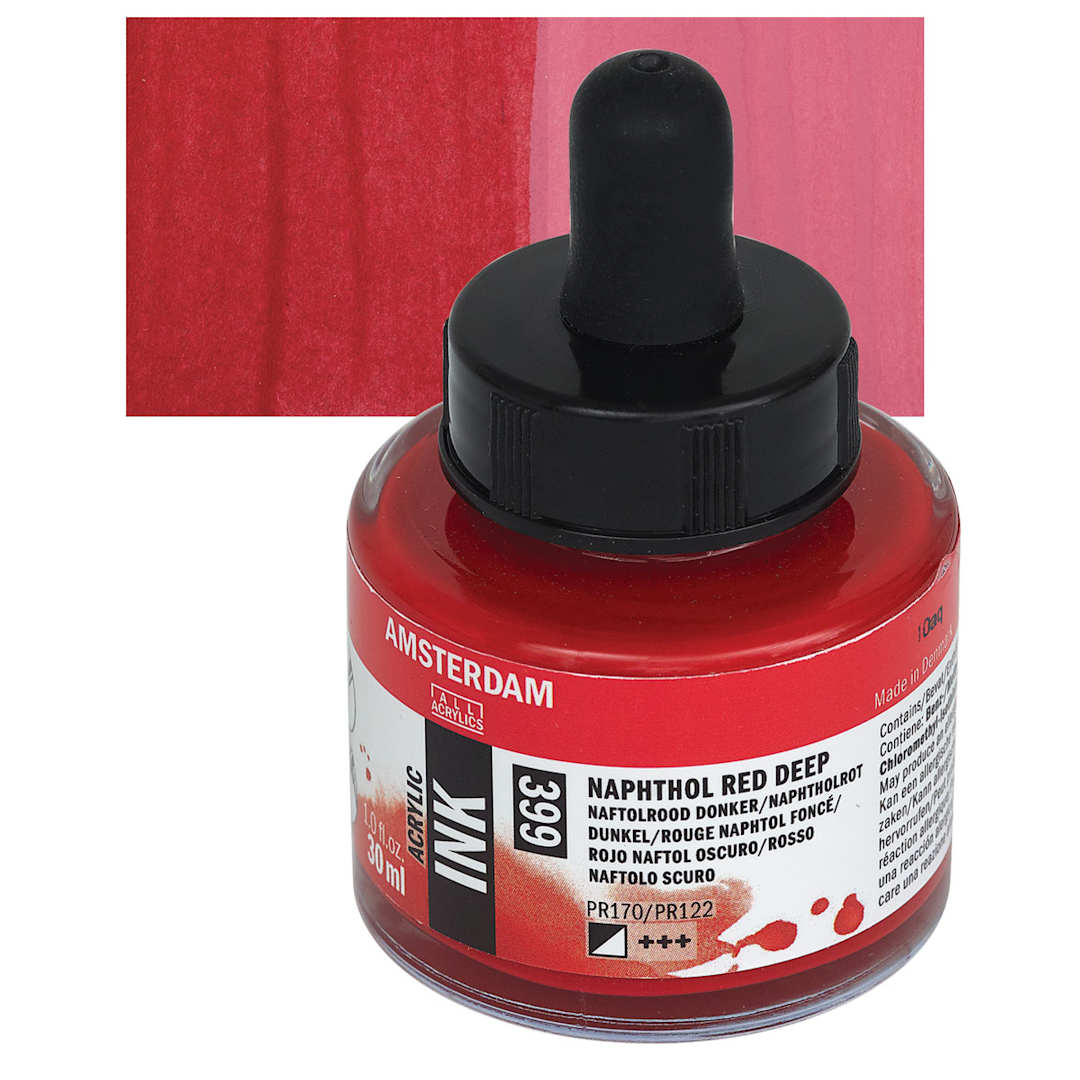 Open in modal - Amsterdam Acrylic Ink - Naphthol Red Deep, 30 ml bottle and swatch