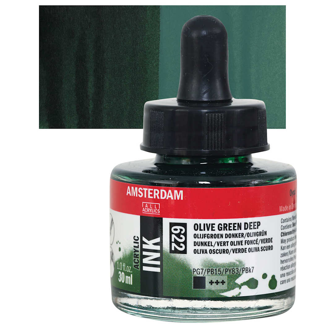 Open in modal - Amsterdam Acrylic Ink - Olive Green Deep, 30 ml bottle and swatch