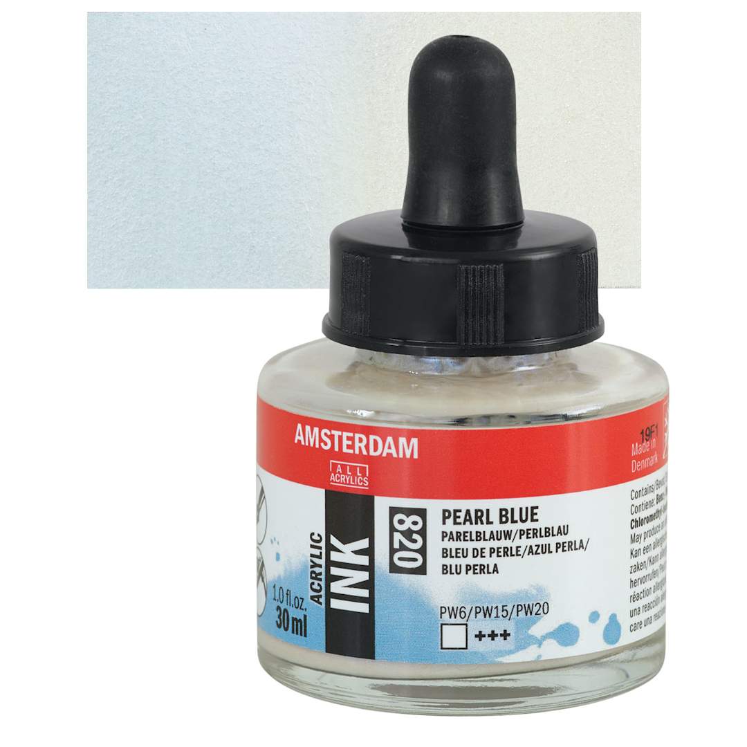 Open in modal - Amsterdam Acrylic Ink - Pearl Blue, 30 ml bottle and swatch