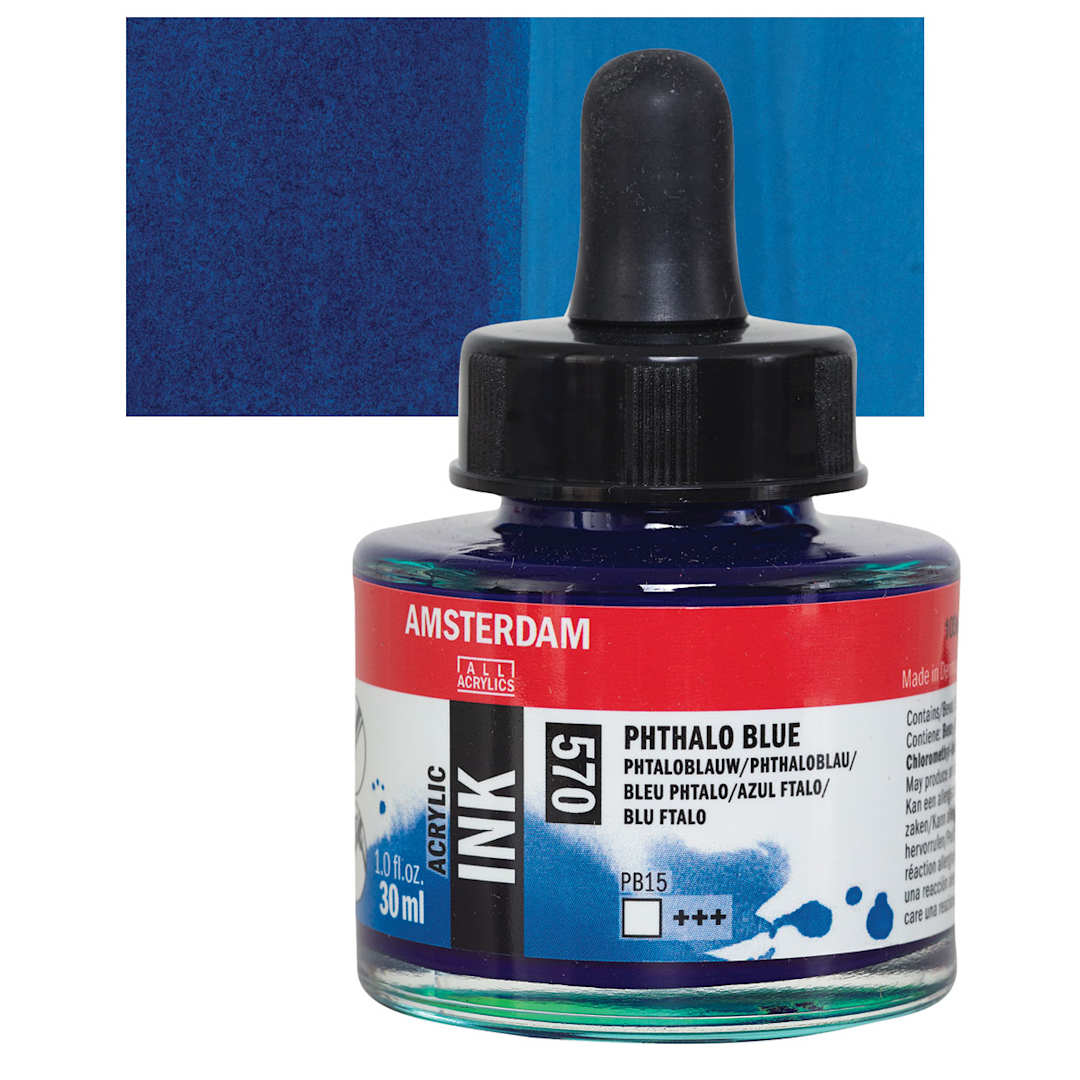 Open in modal - Amsterdam Acrylic Ink - Phthalo Blue, 30 ml bottle and swatch