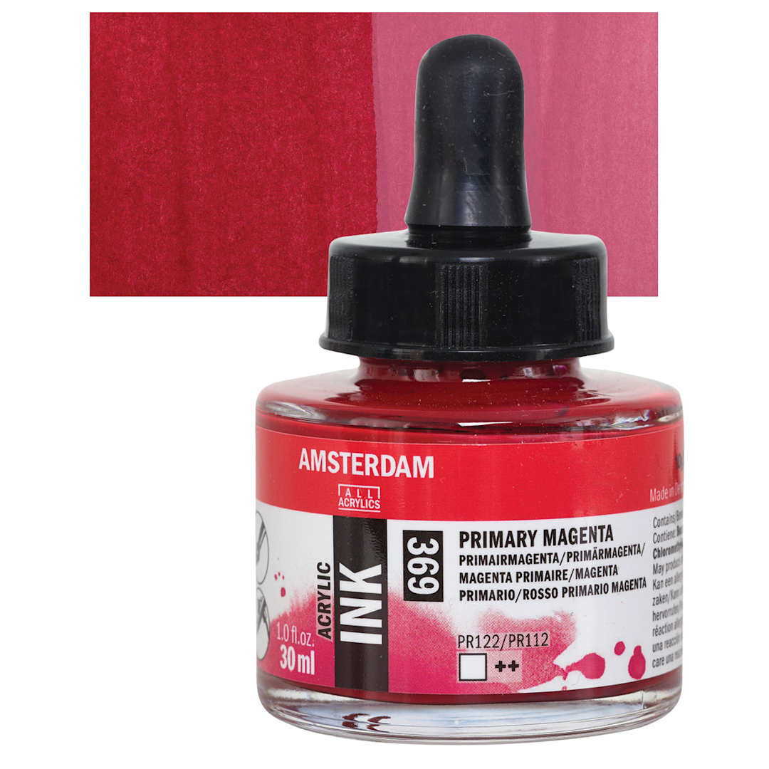 Open in modal - Amsterdam Acrylic Ink - Primary Magenta, 30 ml bottle and swatch
