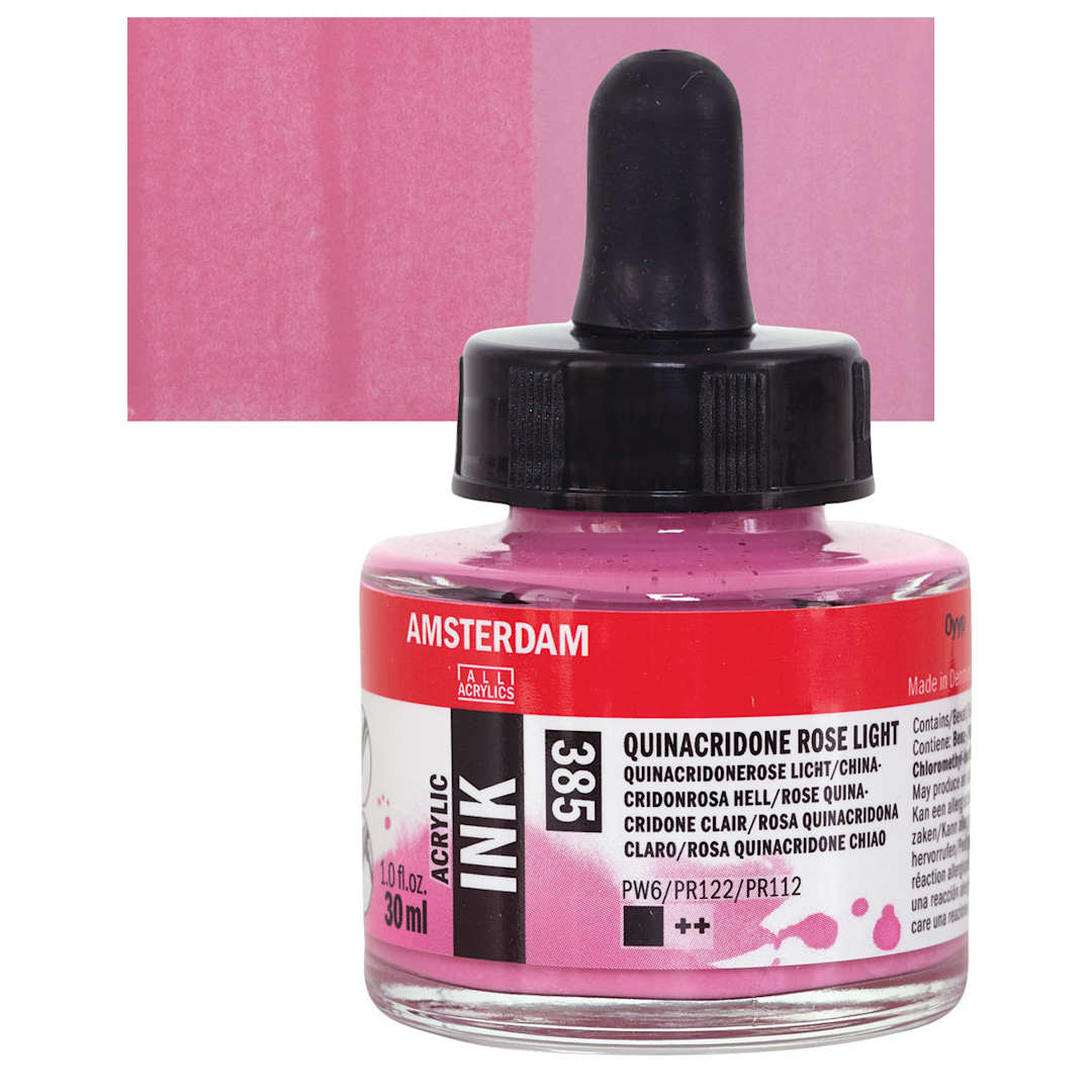 Open in modal - Amsterdam Acrylic Ink - Quinacridone Rose Light, 30 ml bottle and swatch