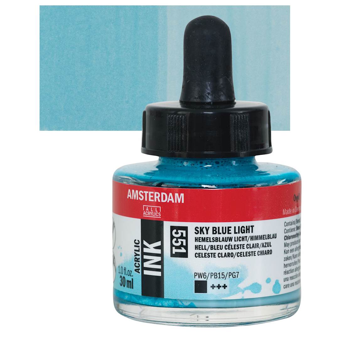 Open in modal - Amsterdam Acrylic Ink - Sky Blue Light, 30 ml bottle and swatch