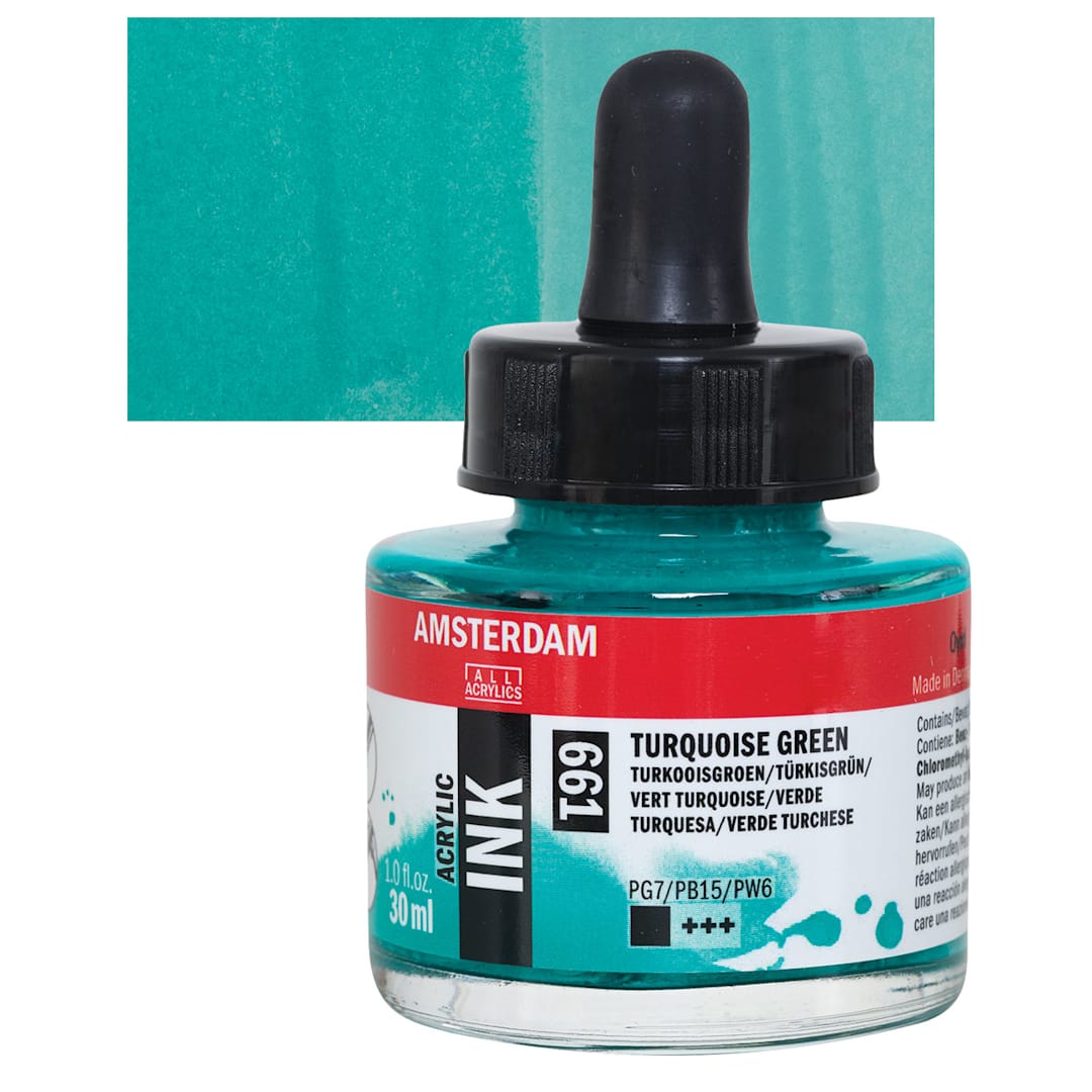 Open in modal - Amsterdam Acrylic Ink - Turquoise Green, 30 ml bottle and swatch