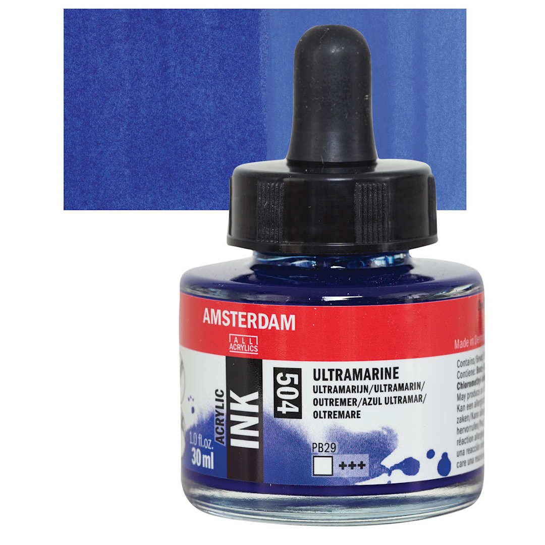 Open in modal - Amsterdam Acrylic Ink - Ultramarine, 30 ml bottle and swatch