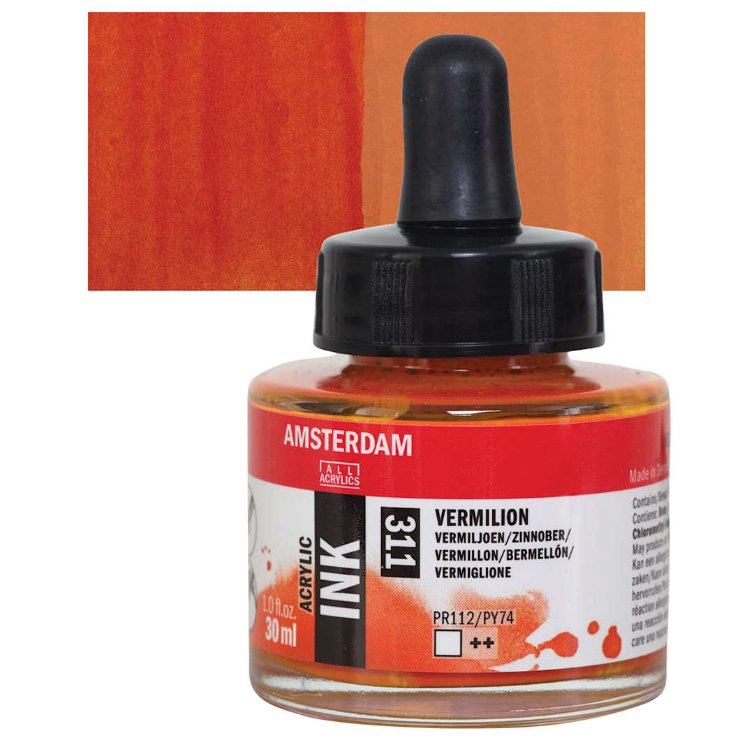 Open in modal - Amsterdam Acrylic Ink - Vermilion, 30 ml bottle and swatch