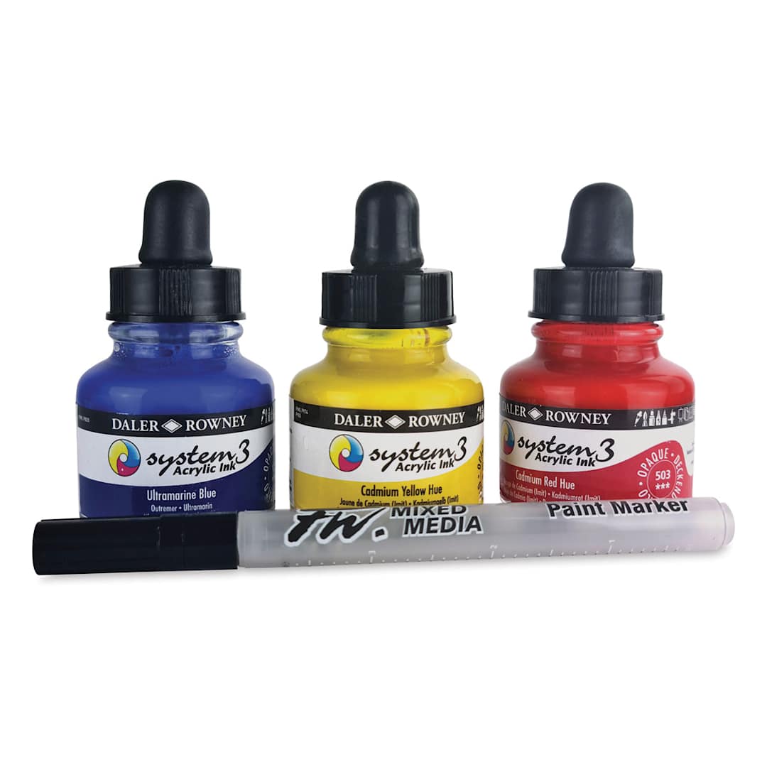 Open in modal - Daler-Rowney System3 Acrylic Inks - Set of 3 Starter Colors in row