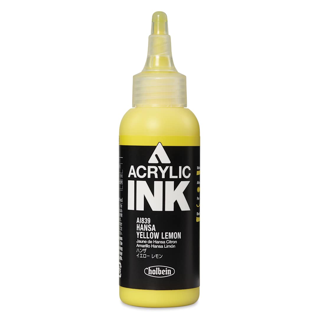 Open in modal - Holbein Acrylic Ink - Hansa Yellow Lemon, 100 ml, front of the bottle