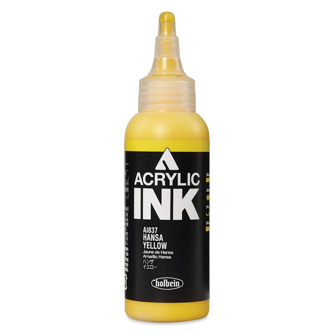 Open in modal - Holbein Acrylic Ink - Hansa Yellow, 100 ml, front of the bottle