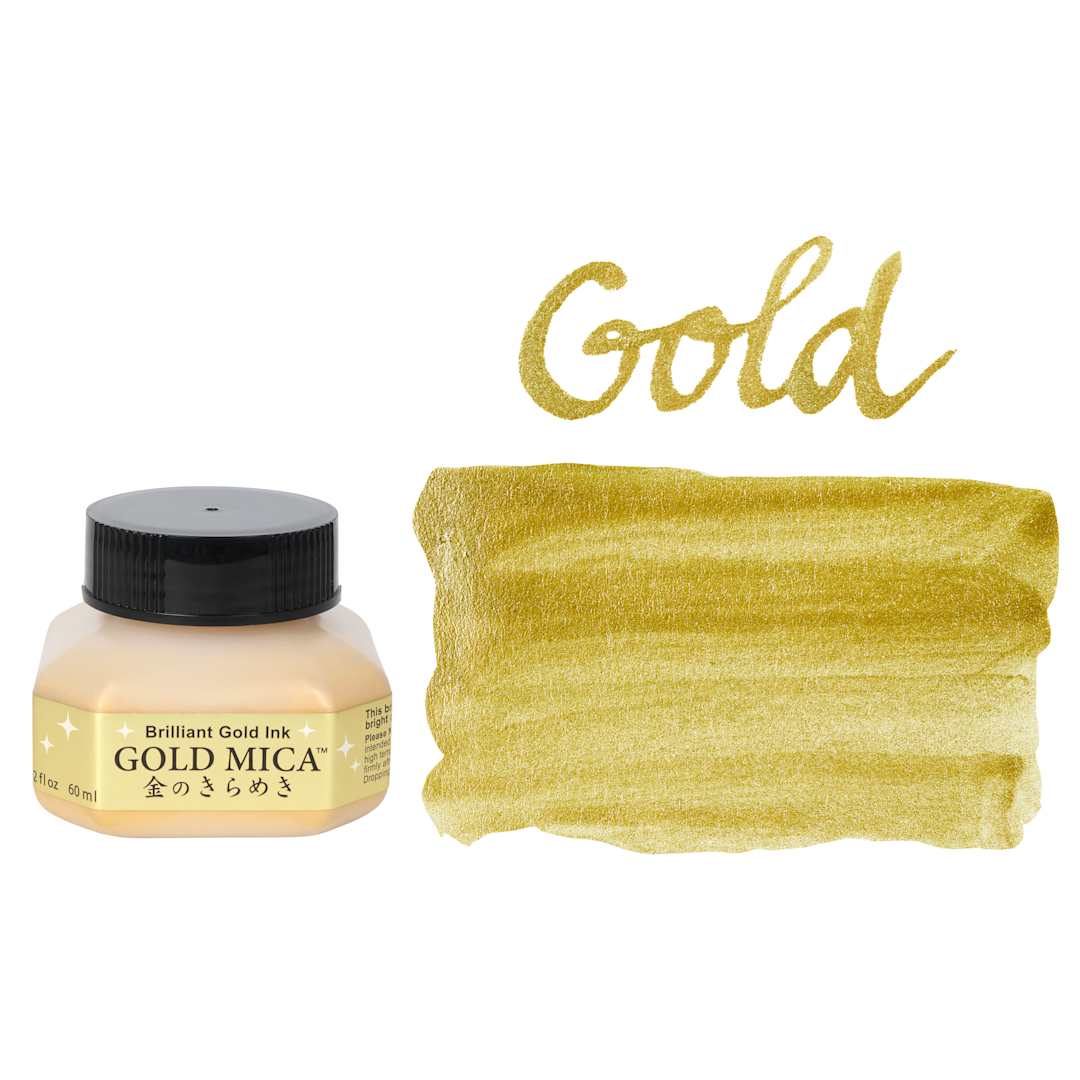 Open in modal - Kuretake Mica Calligraphy Ink - Brilliant Gold, 60 ml, Jar and swatch