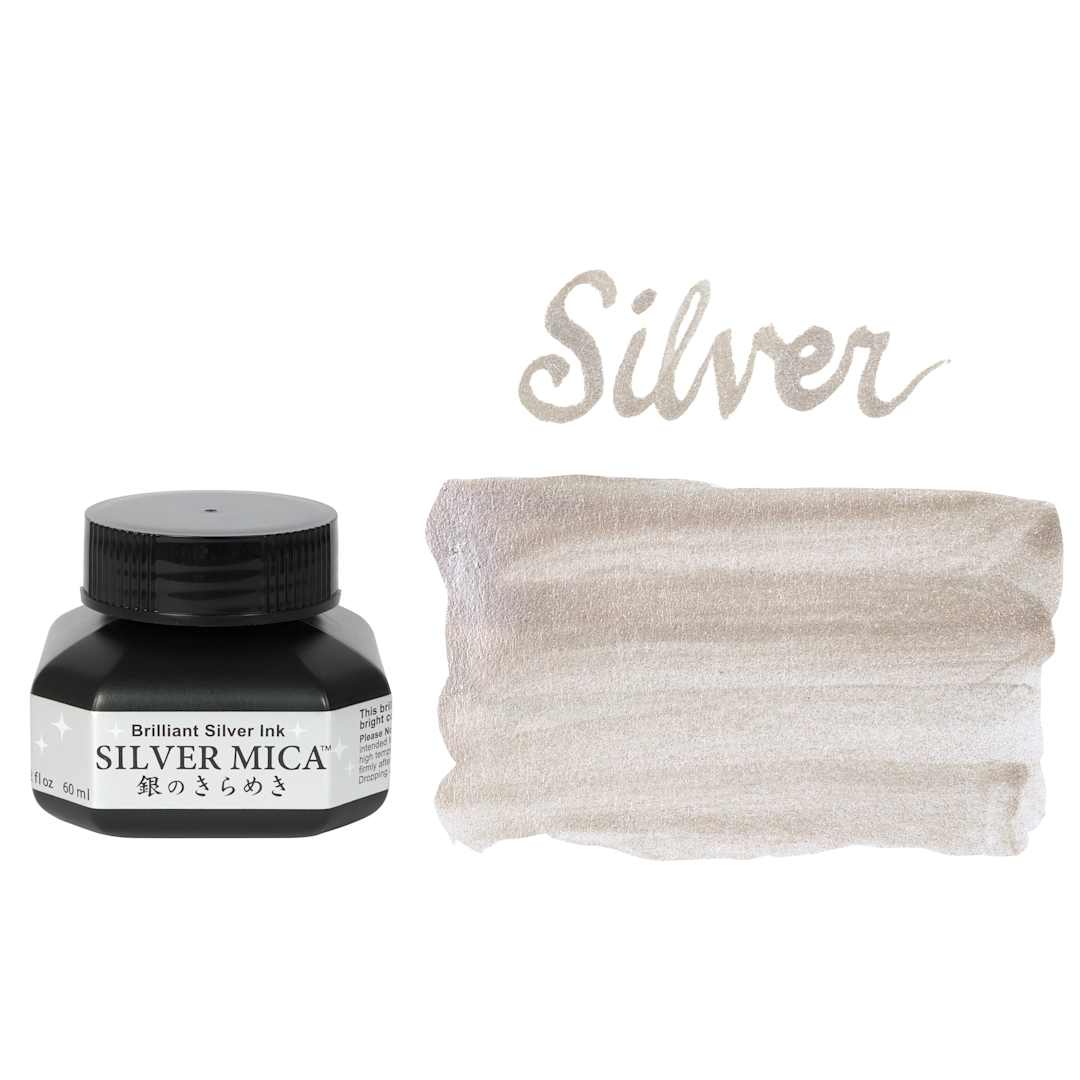 Open in modal - Kuretake Mica Calligraphy Ink - Brilliant Silver, 60 ml, Jar and swatch