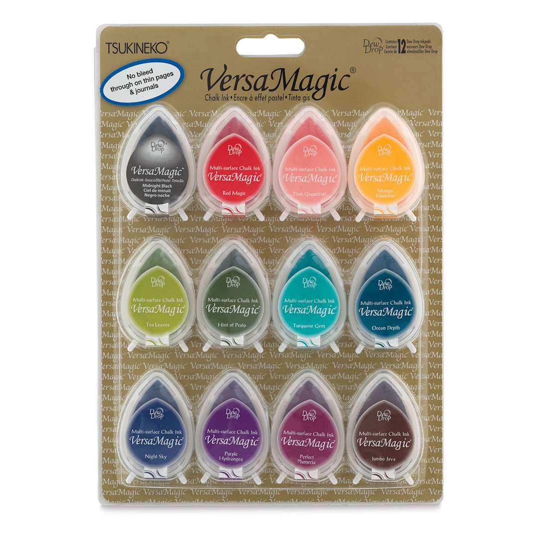 Open in modal - Tsukineko VersaMagic Dew Drop Ink Pads - Front of blister package of 12 pc Assorted Colors