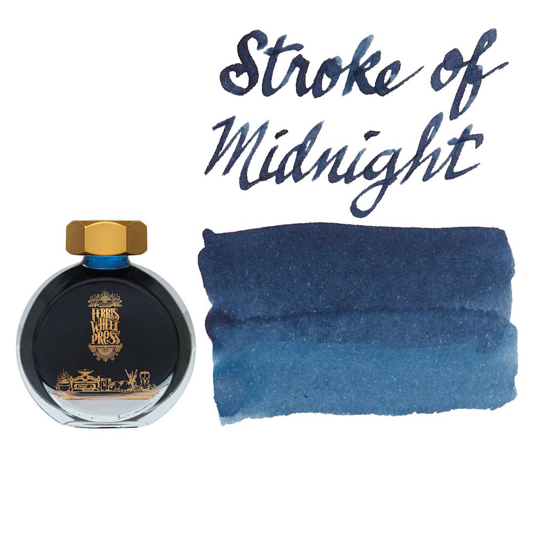 Open in modal - Ferris Wheel Press Fountain Pen Ink - Stroke of Midnight, 38 ml, swatch and bottle