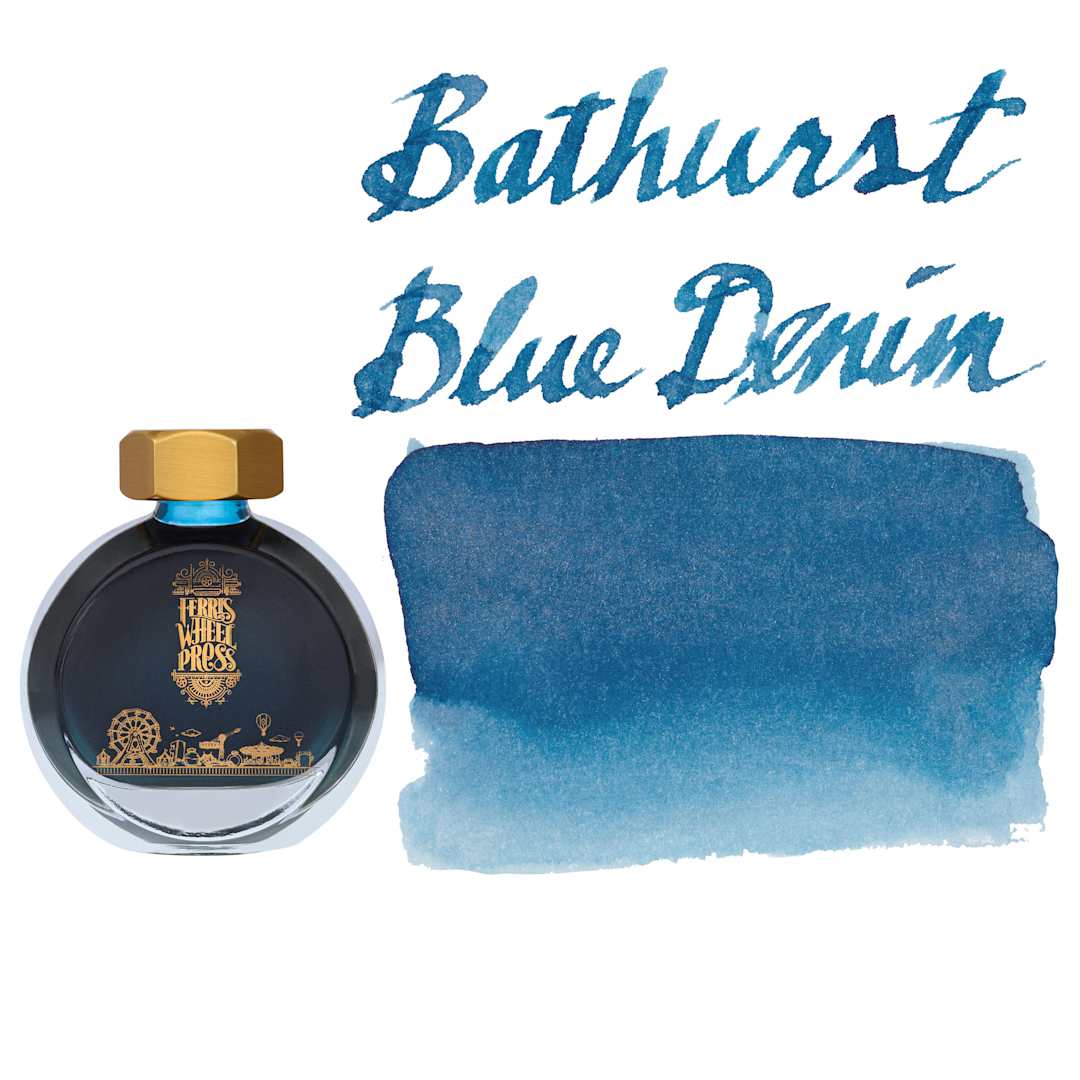Open in modal - Ferris Wheel Press Fountain Pen Ink - Bathurst Blue Denim, swatch and bottle
