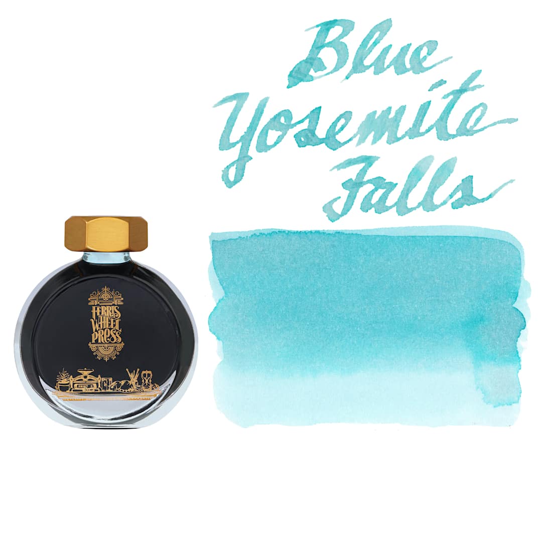 Open in modal - Ferris Wheel Press Fountain Pen Ink - Blue Yosemite Falls, 38 ml, swatch and bottle