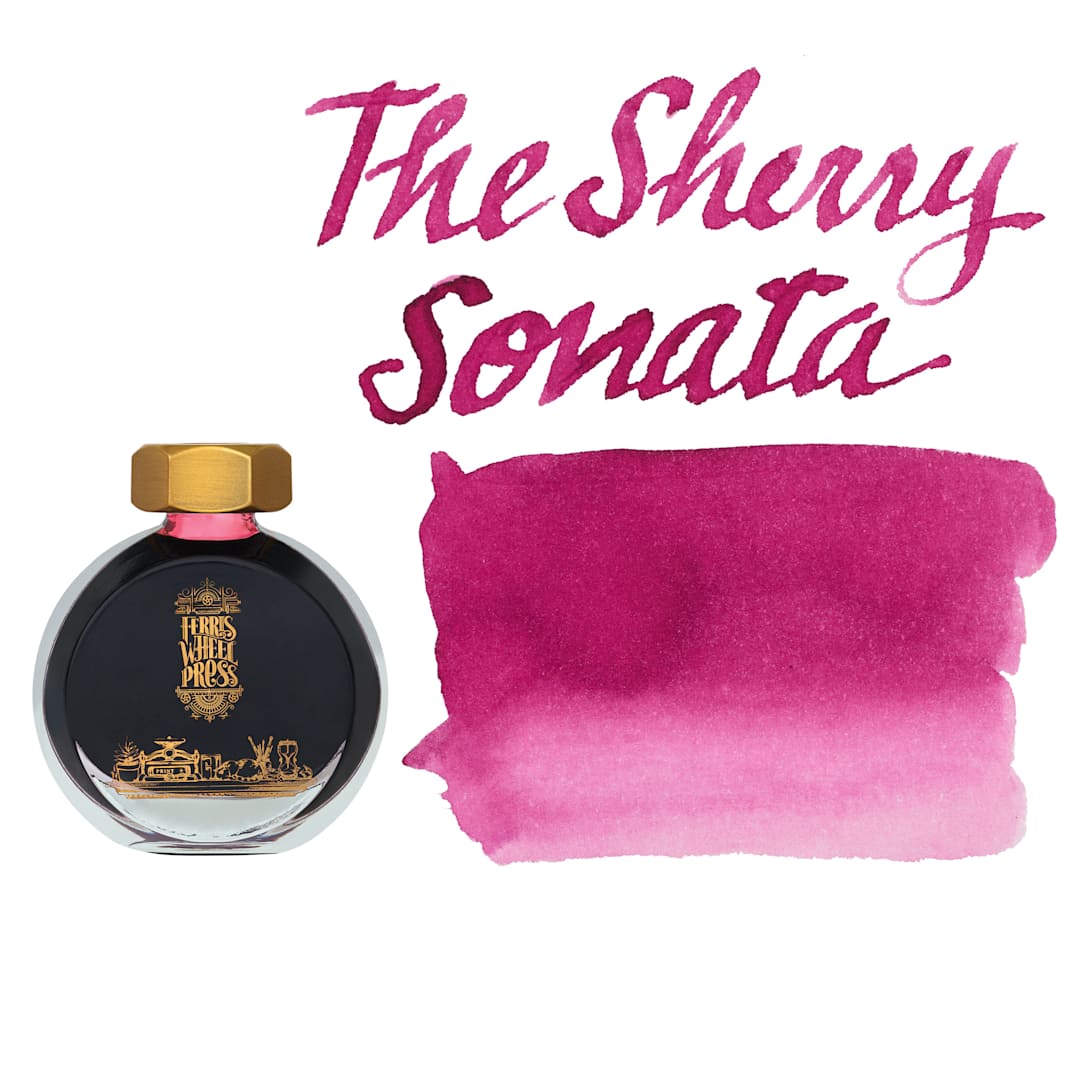 Open in modal - Ferris Wheel Press Fountain Pen Ink - The Sherry Sonata, swatch and bottle