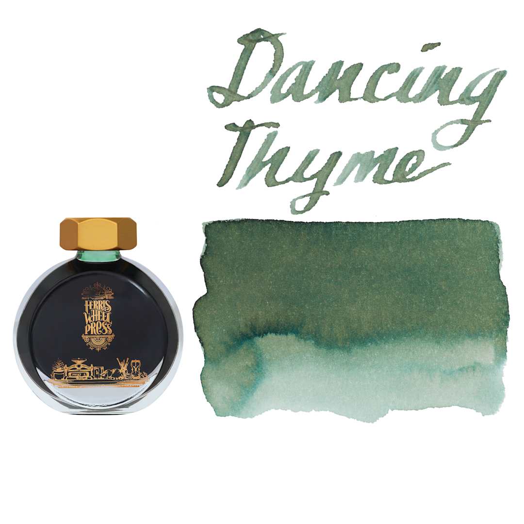 Open in modal - Ferris Wheel Press Fountain Pen Ink - Dancing Thyme, swatch and bottle
