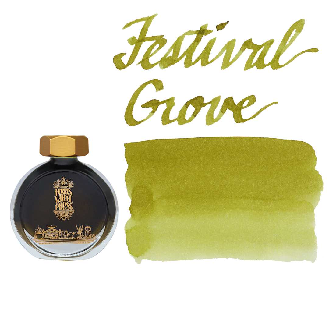 Open in modal - Ferris Wheel Press Fountain Pen Ink - Festival Grove, swatch and bottle