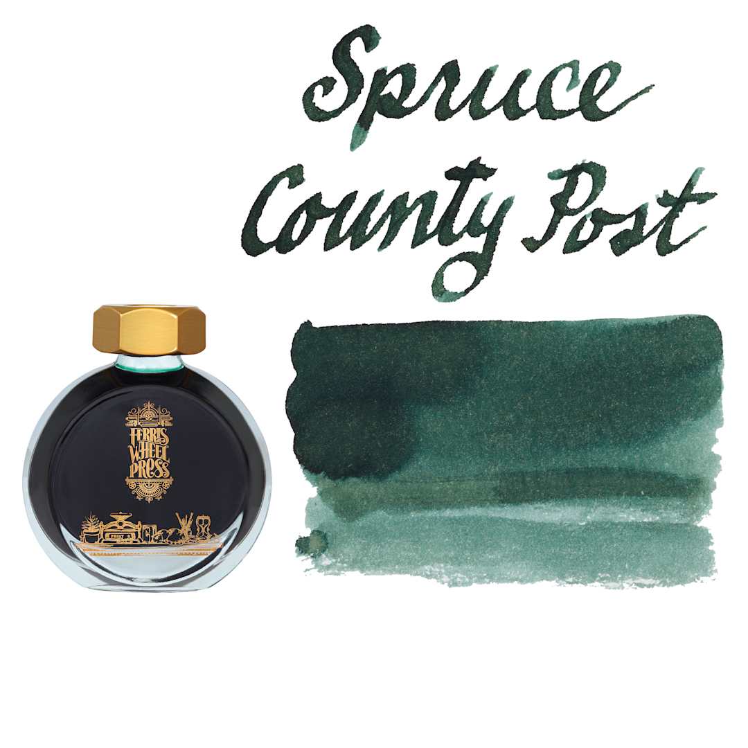 Open in modal - Ferris Wheel Press Fountain Pen Ink - Spruce County Post, swatch and bottle