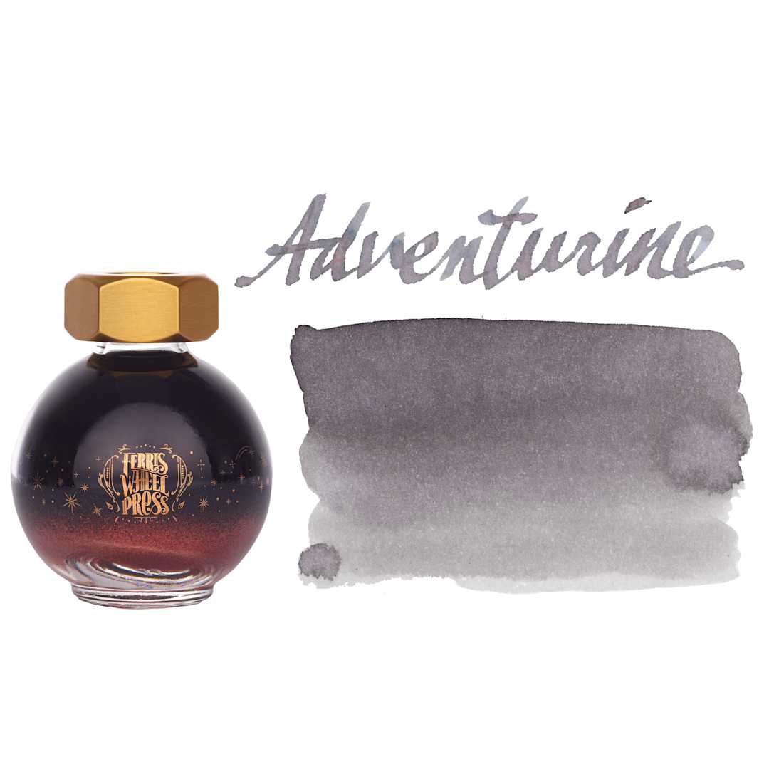Open in modal - Ferris Wheel Press Ferritales Fountain Pen Ink - Adventurine, swatch and bottle