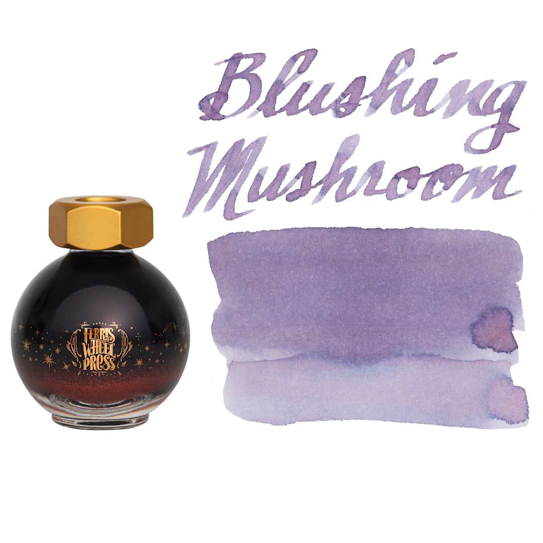 Open in modal - Ferris Wheel Press Ferritales Fountain Pen Ink - Blushing Mushroom, swatch and bottle