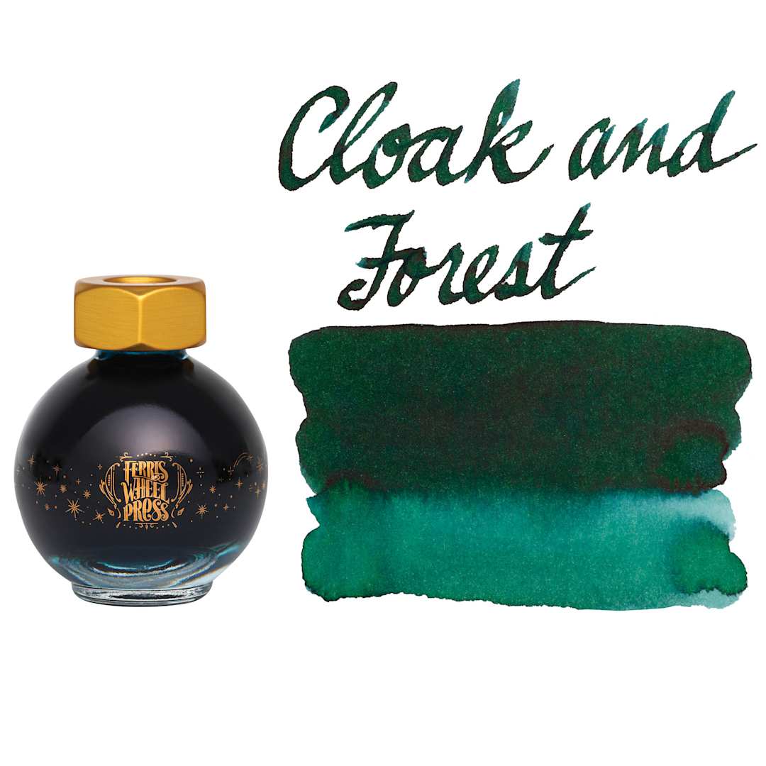 Open in modal - Ferris Wheel Press Ferritales Fountain Pen Ink - Cloak and Forest, swatch and bottle