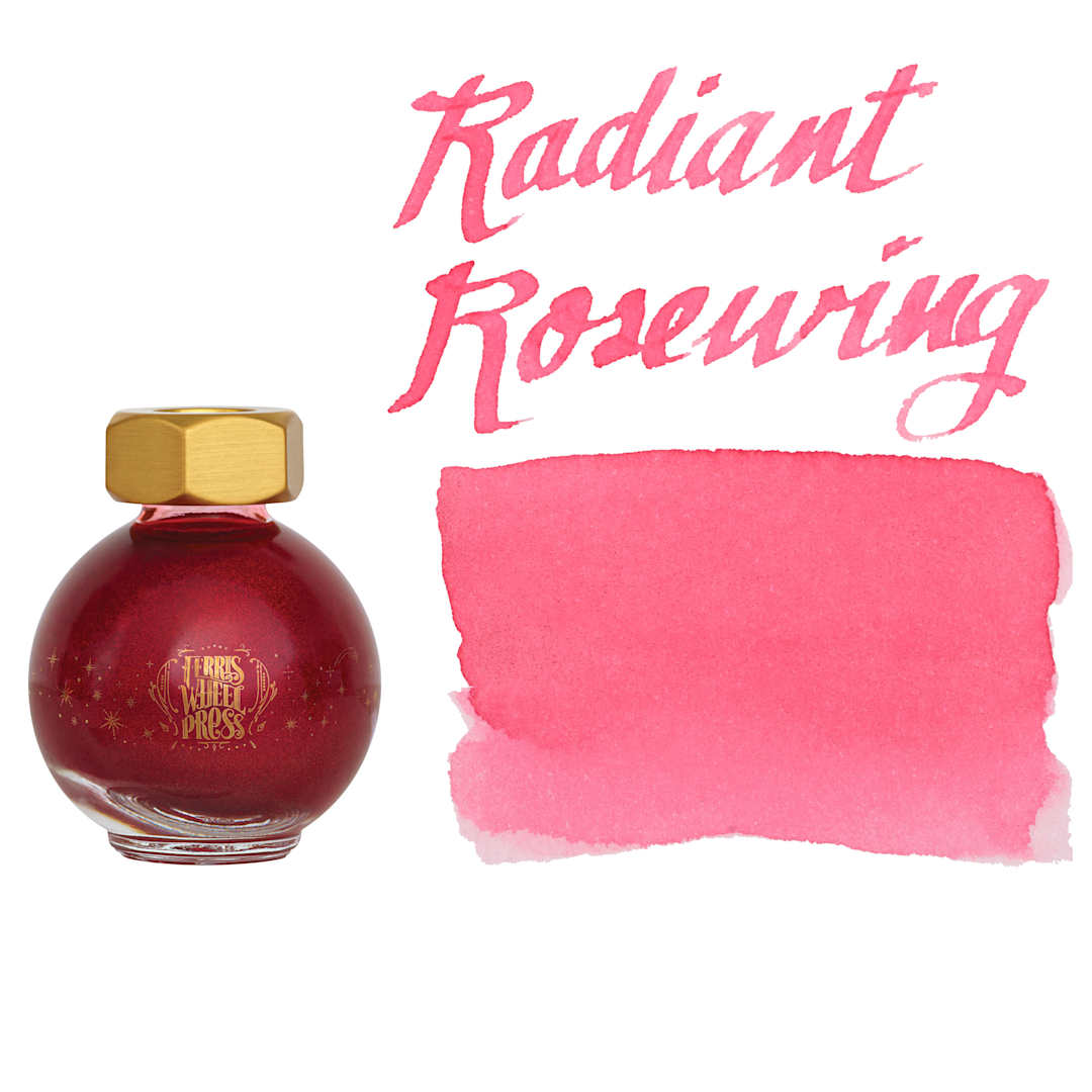 Open in modal - Ferris Wheel Press Ferritales Fountain Pen Ink - Radiant Rosewing, swatch and bottle
