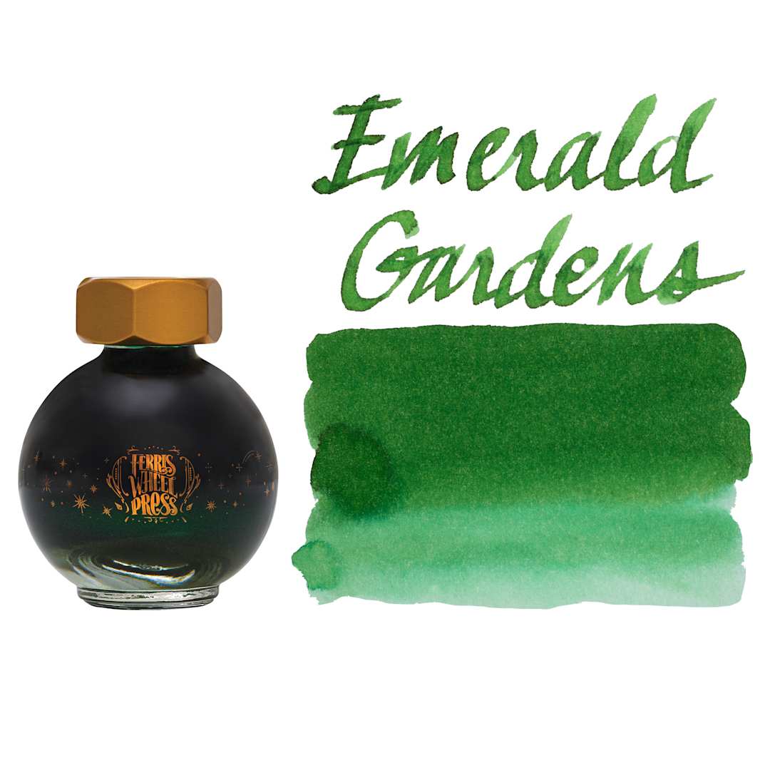 Open in modal - Ferris Wheel Press Ferritales Fountain Pen Ink - Emerald Gardens, swatch and bottle