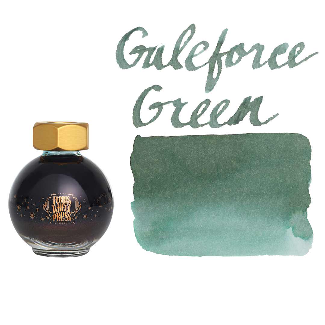 Open in modal - Ferris Wheel Press Ferritales Fountain Pen Ink - Galeforce Green, swatch and bottle