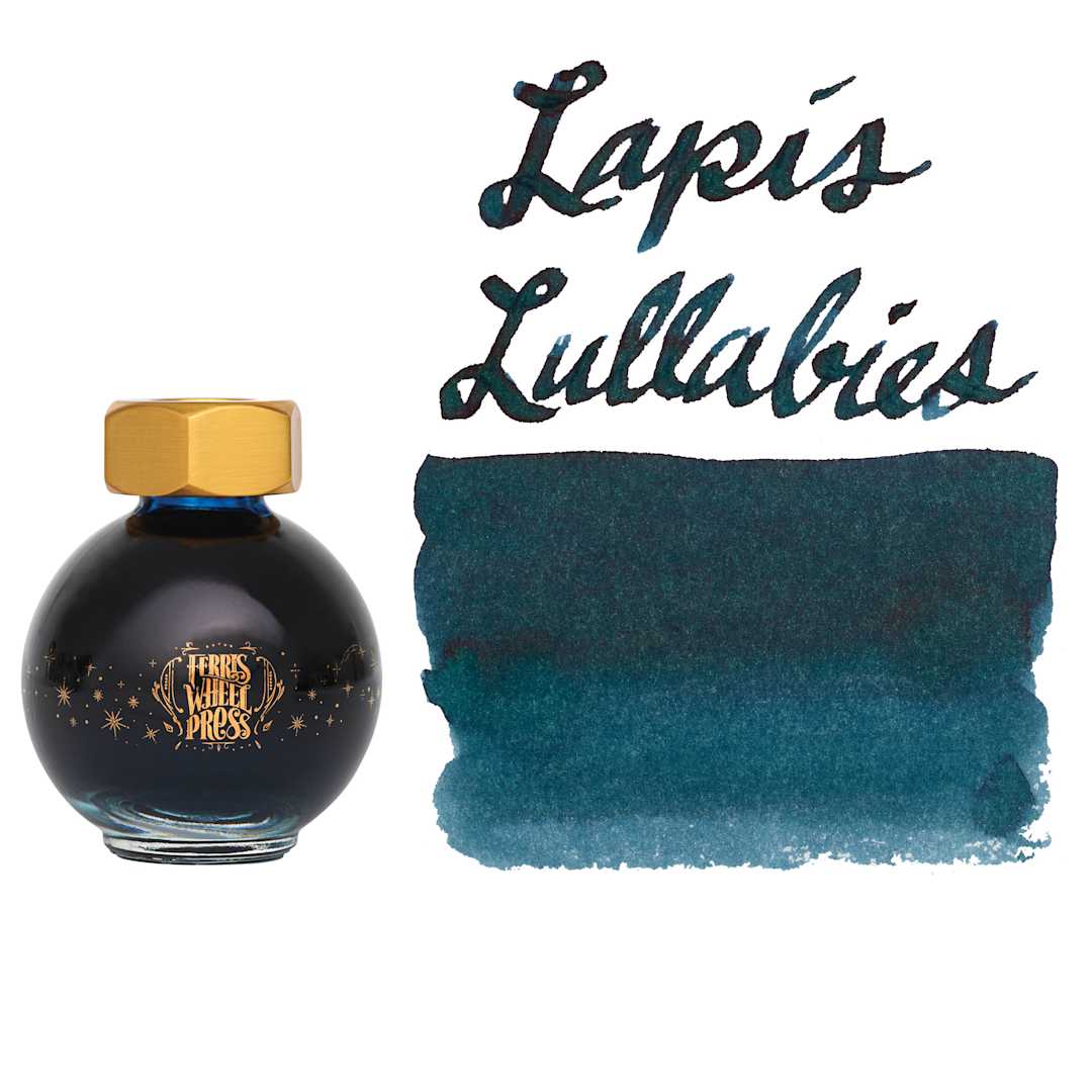 Open in modal - Ferris Wheel Press Ferritales Fountain Pen Ink - Lapis Lullabies, swatch and bottle