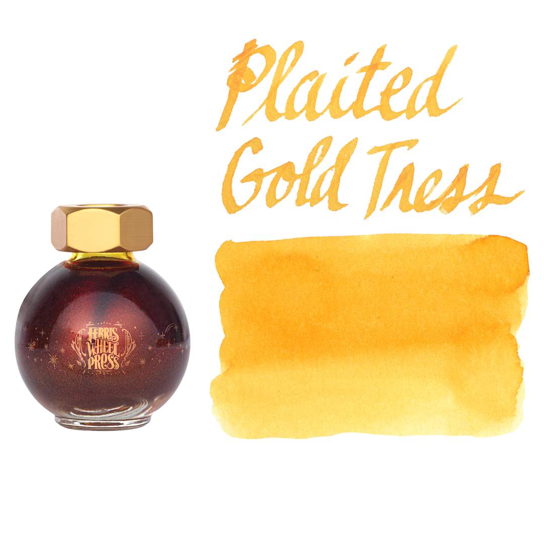Open in modal - Ferris Wheel Press Ferritales Fountain Pen Ink - Plaited Gold Tress, swatch and bottle