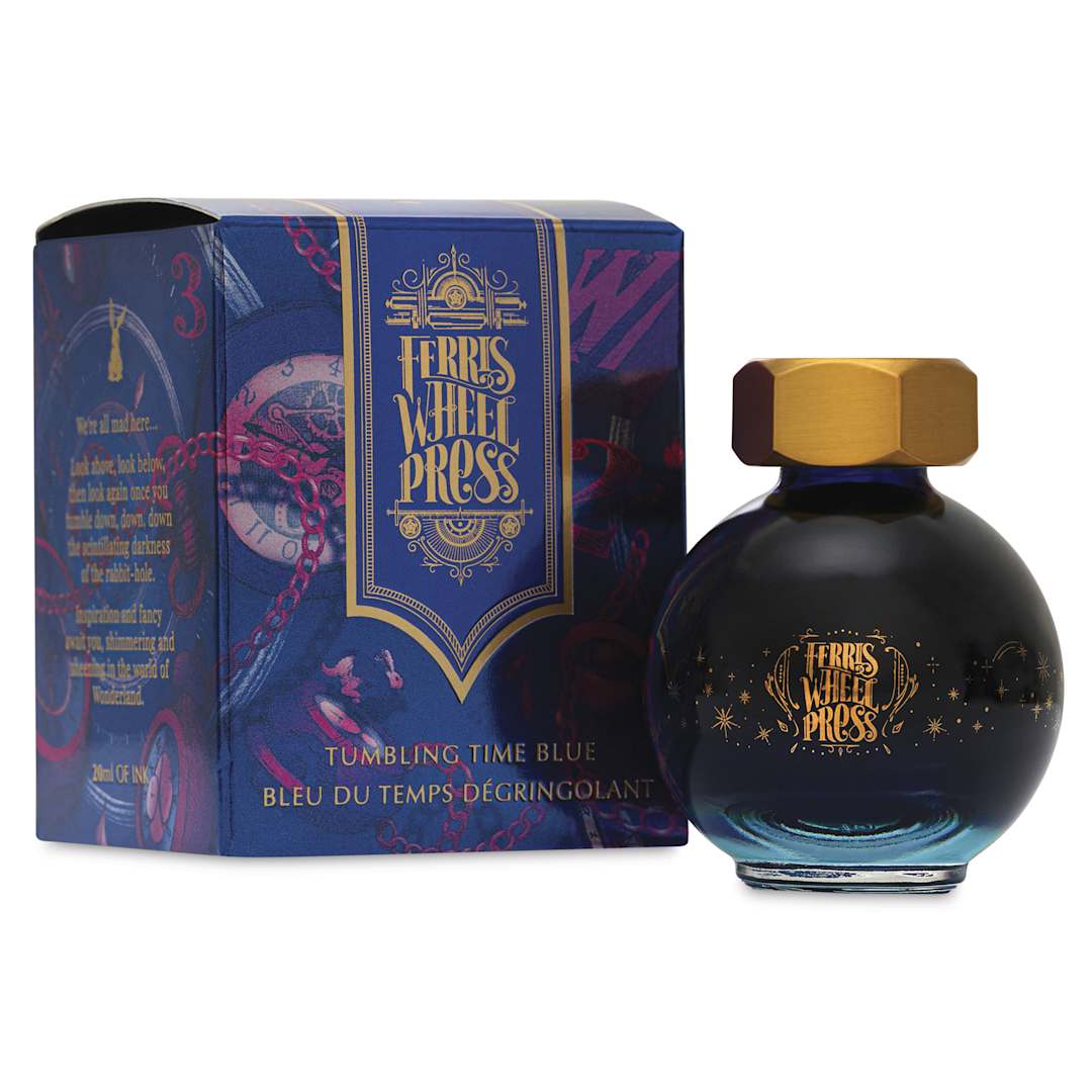 Open in modal - Ferris Wheel Press Ferritales Fountain Pen Ink - Tumbling Time Blue, 20 ml, bottle and packaging