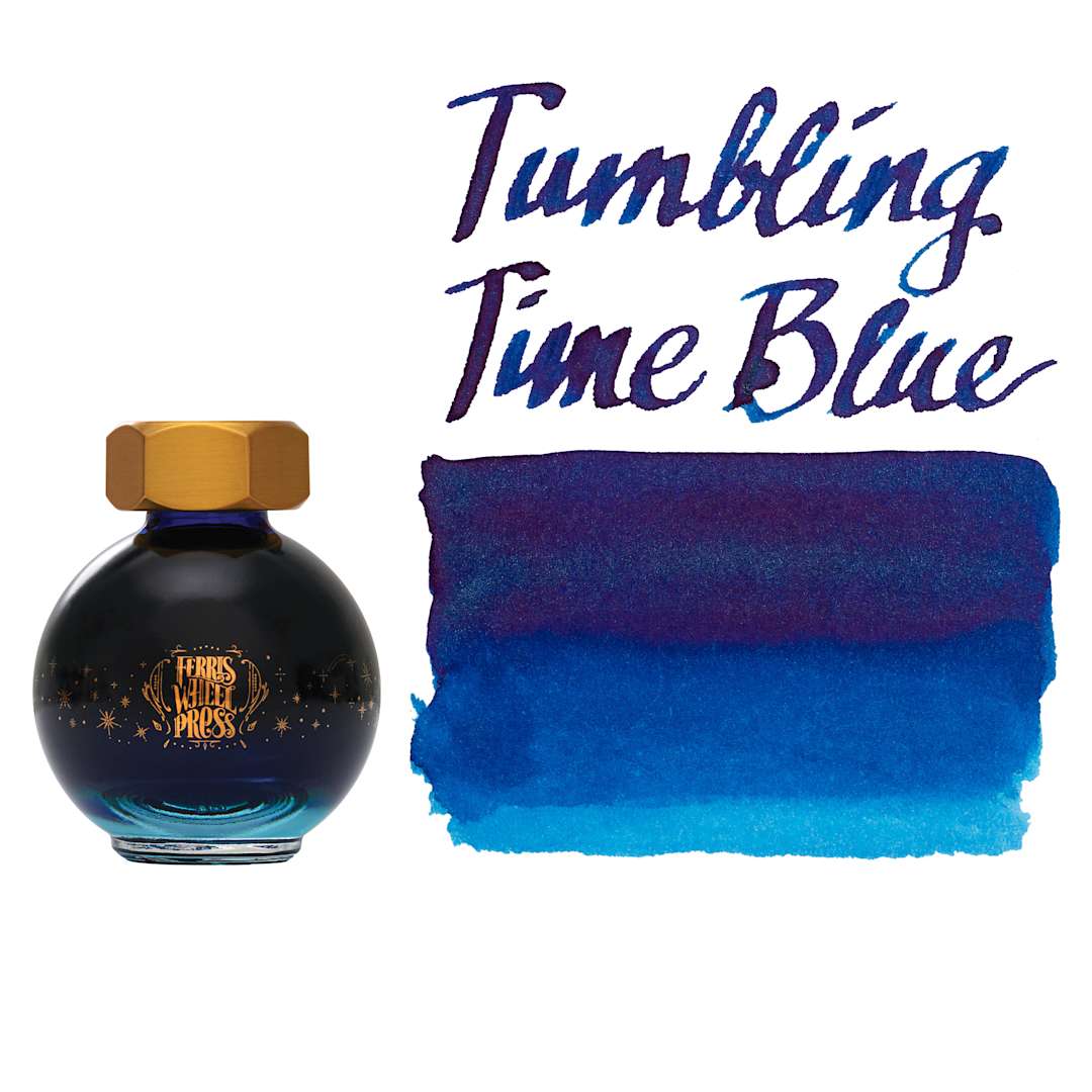 Open in modal - Ferris Wheel Press Ferritales Fountain Pen Ink - Tumbling Time Blue, swatch and bottle