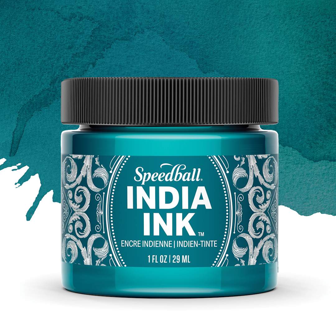 Open in modal - Speedball India Ink - Teal Agate, 1 oz, jar with swatch
