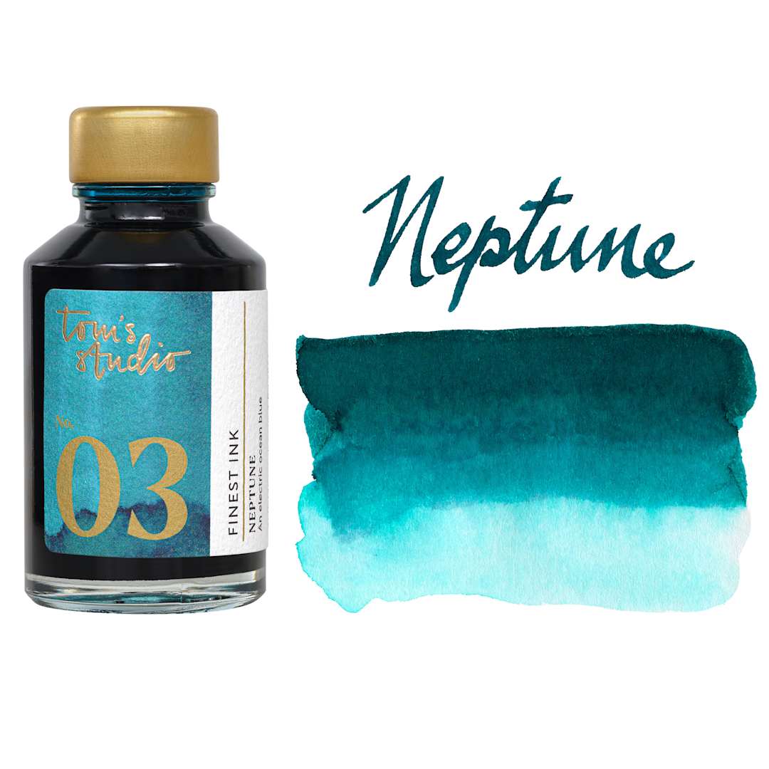 Open in modal - Tom's Studio Fountain Pen Ink - 50 ml, Neptune, bottle with swatch
