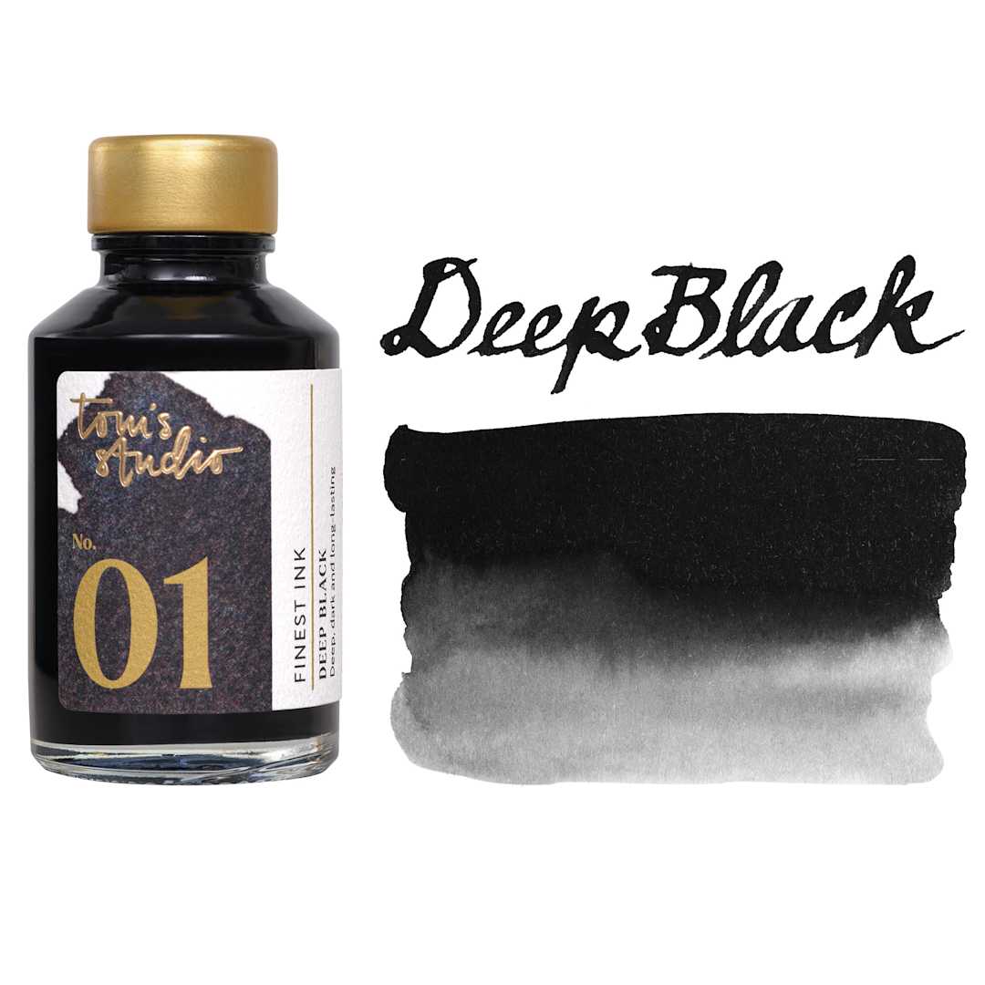 Open in modal - Tom's Studio Fountain Pen Ink - 50 ml, Deep Black, bottle with swatch