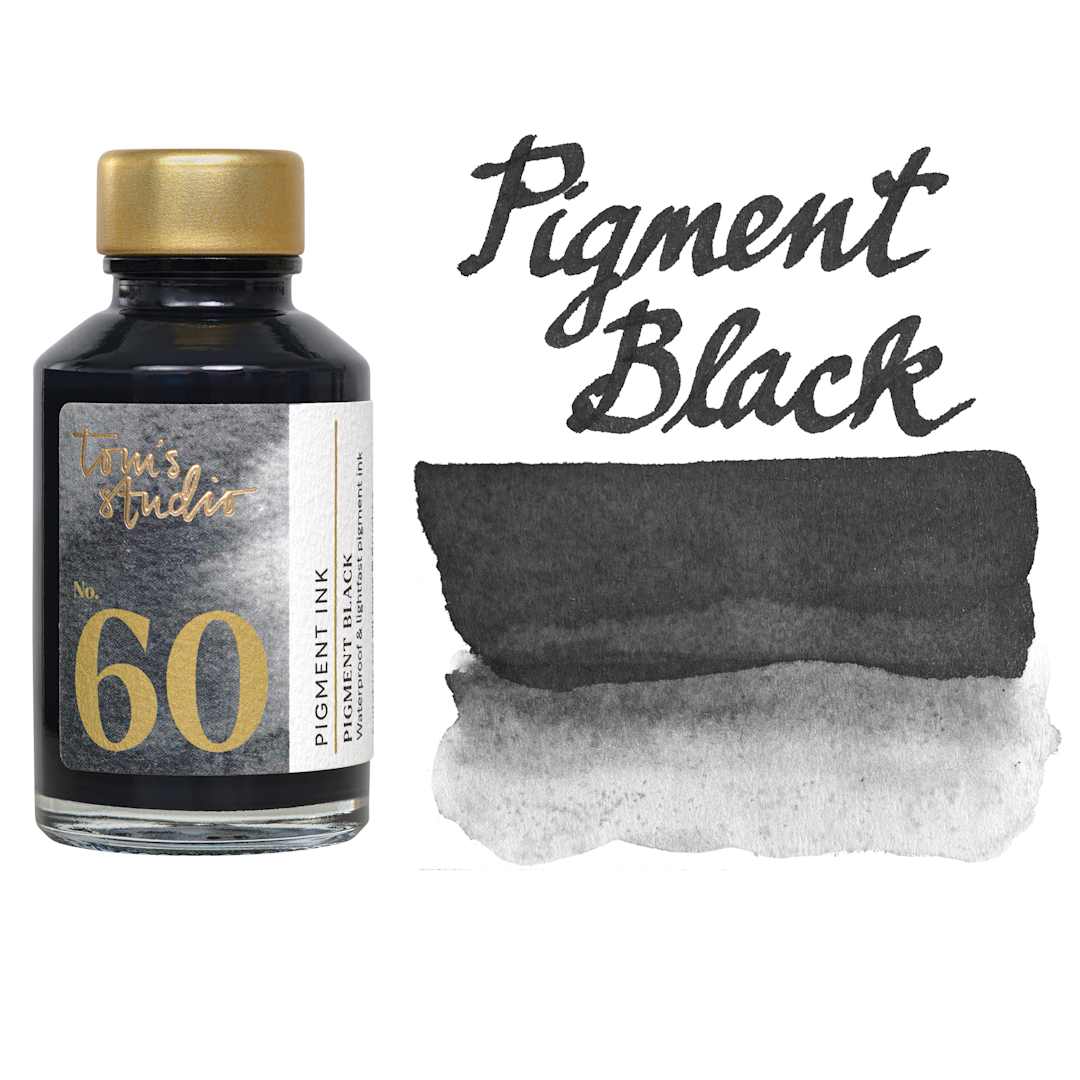 Open in modal - Tom's Studio Fountain Pen Ink - 50 ml, Pigment Black, bottle with swatch