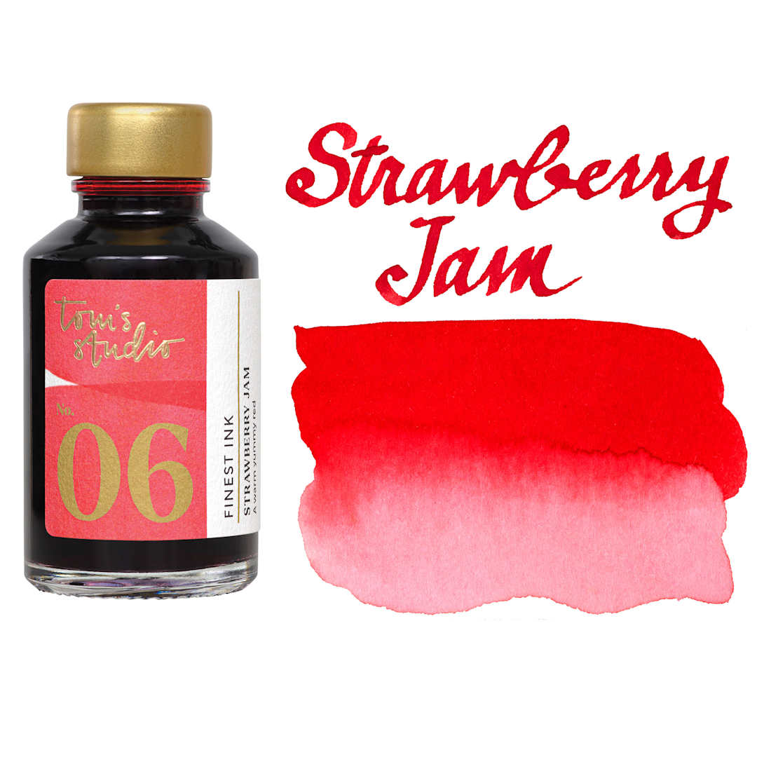 Open in modal - Tom's Studio Fountain Pen Ink - 50 ml, Strawberry Jam, bottle with swatch